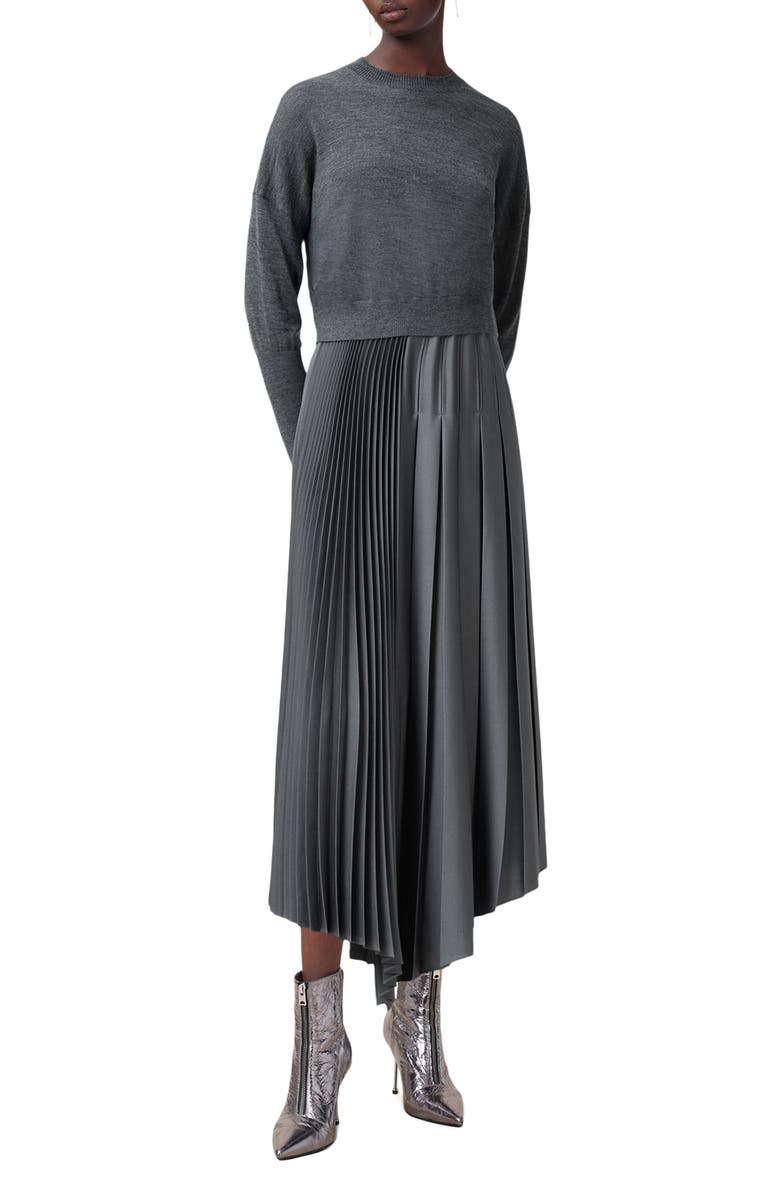 AllSaints Adriana Asymmetric Pleated Dress and Sweater Set, Main, color,