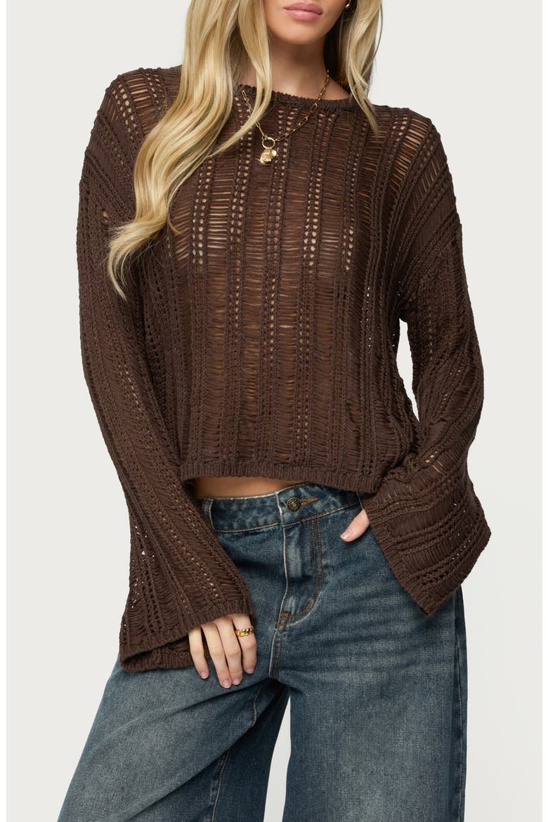 Jaide Sheer Ladder Open Stitch Sweater, Main, color, BROWN