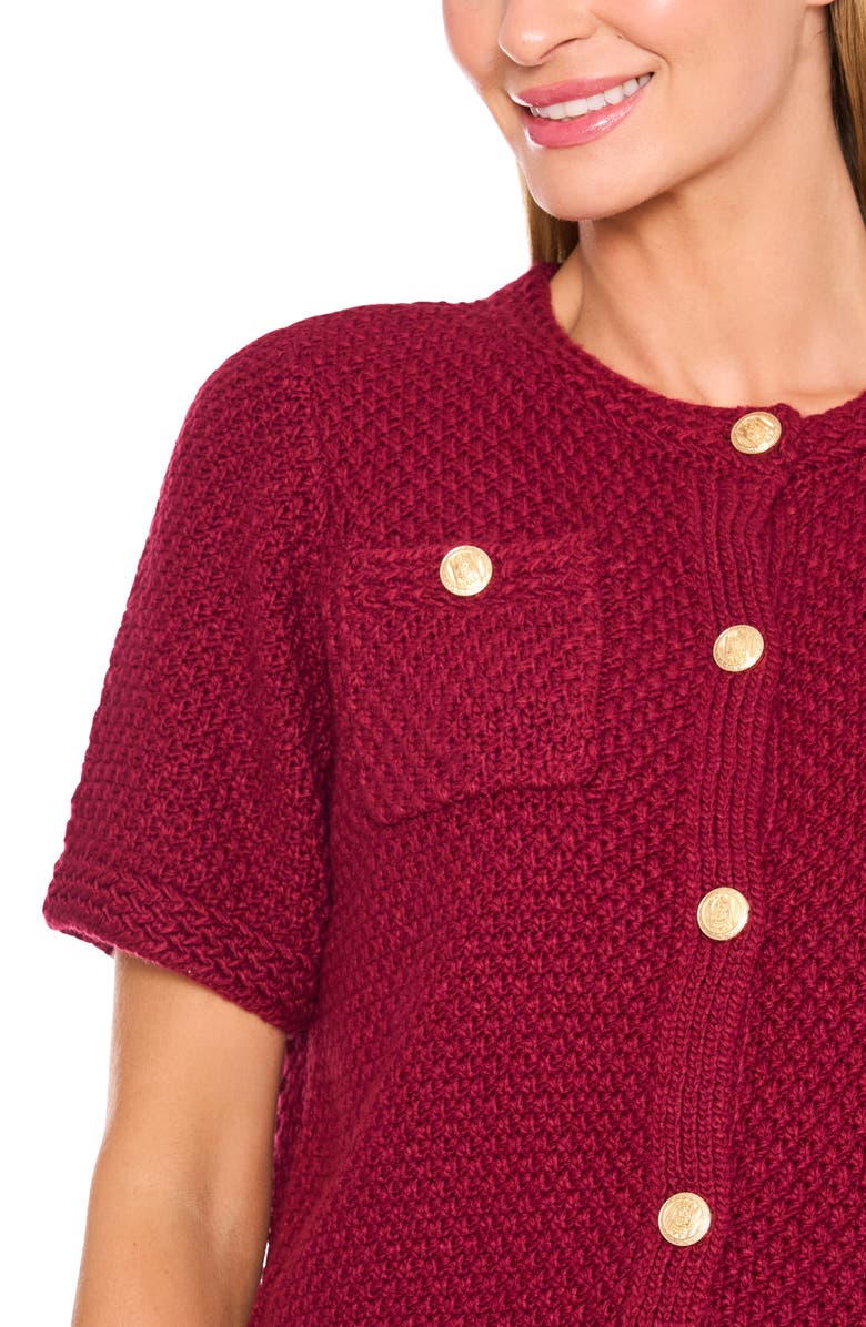 CeCe Short Sleeve Button-Up Cardigan, Alternate, color, Deep Merlot