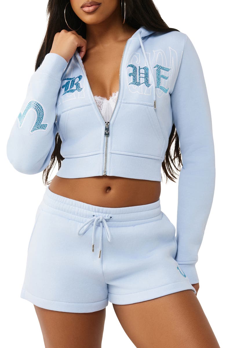 True Religion Embellished Logo Crop Hoodie, Main, color, Cashmere Blue