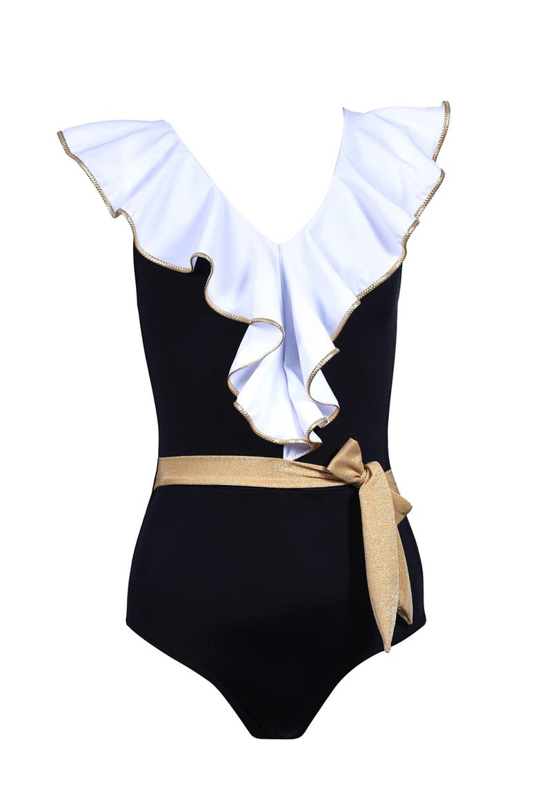 Ruffled V-Neck Shimmering Gold Accents One-Piece Swimsuit, Main, color, Black