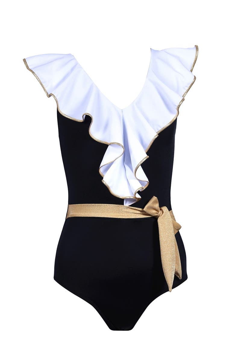 NESSI BYRD Ruffled V-Neck Shimmering Gold Accents One-Piece Swimsuit, Main, color, Black