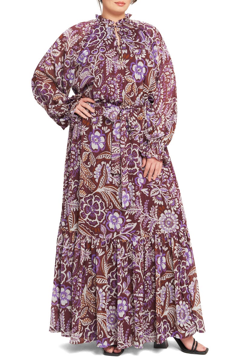 FLYING TOMATO Print Long Sleeve Maxi Dress, Main, color, Plum