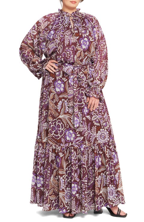Print Long Sleeve Maxi Dress (Plus)
