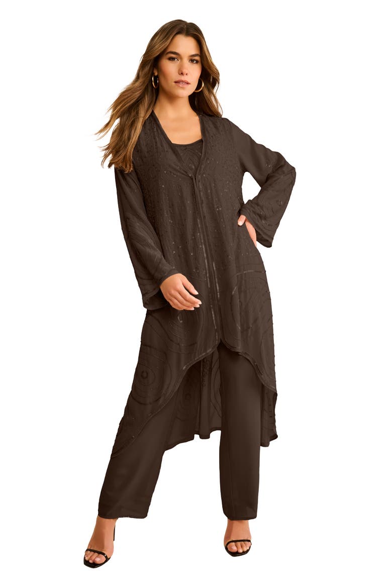 Plus Size Beaded Georgette Scoop Neck 3 Piece Pant Set, Main, color, CHOCOLATE