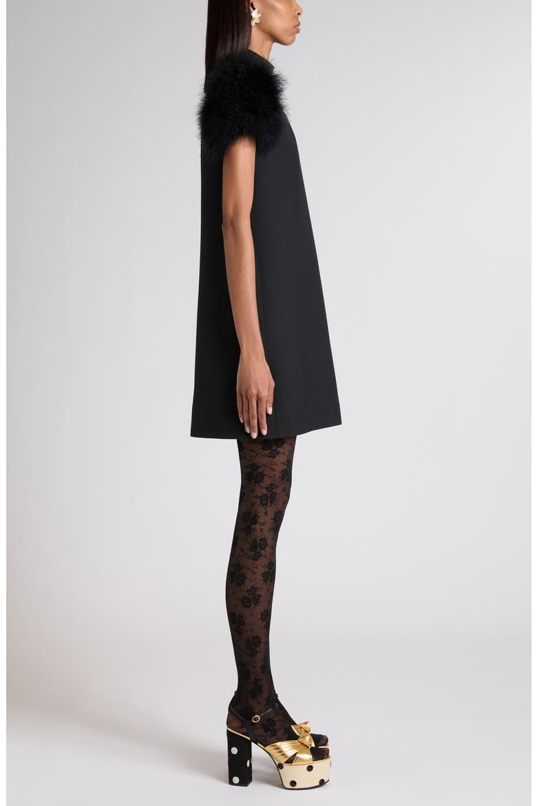Feather Trim Crepe Couture Shift Dress, Alternate, color, BLACK