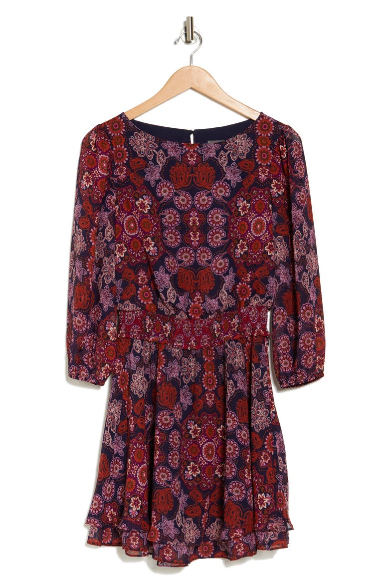 Floral Balloon Sleeve Chiffon Fit & Flare Dress, Alternate, color, NAVY MULTI