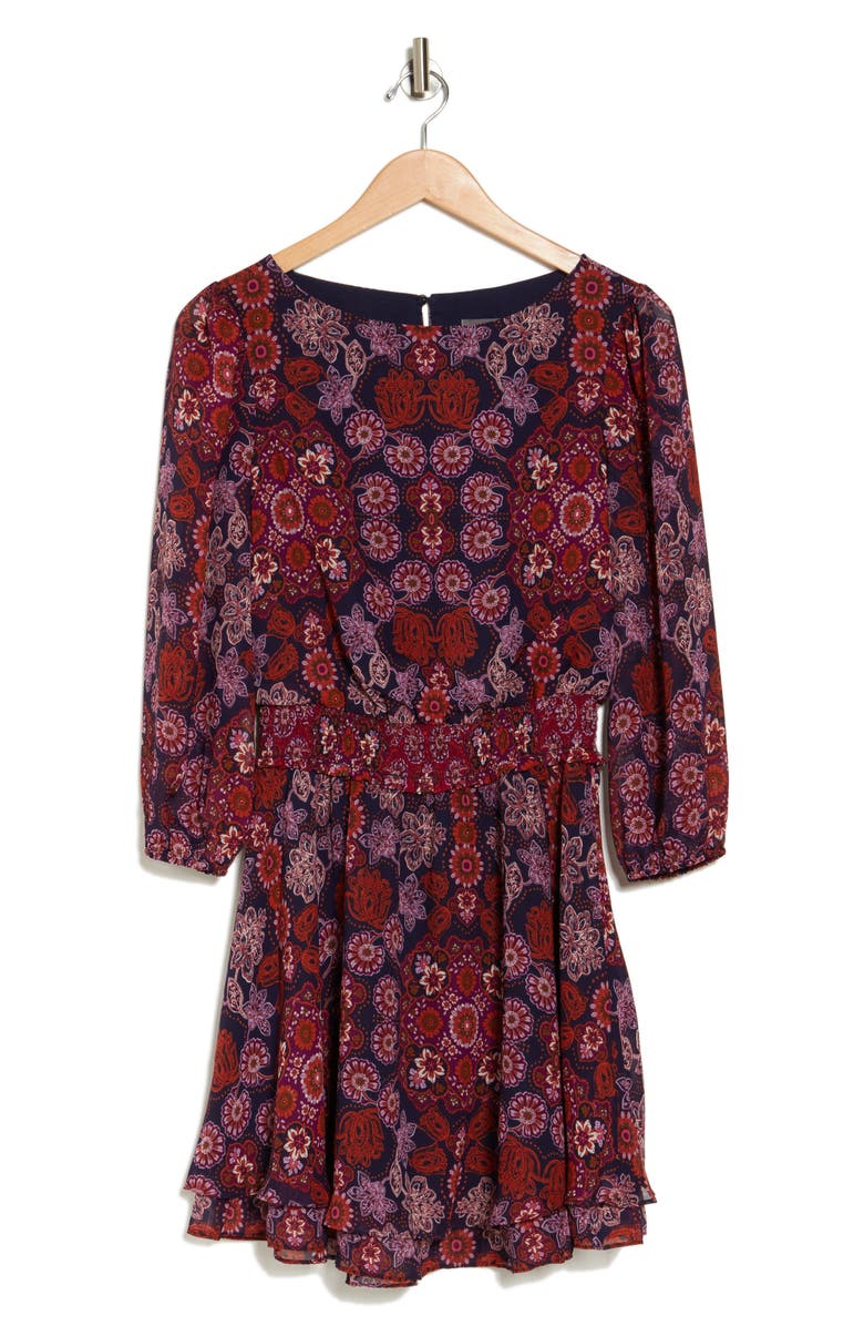 Vince Camuto Floral Balloon Sleeve Chiffon Fit & Flare Dress, Alternate, color, Navy Multi