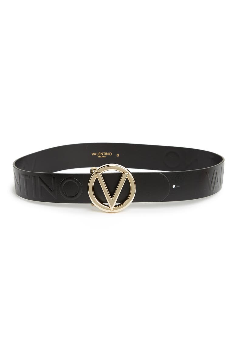 Bessy Embossed Logo Leather Belt, Main, color, BLACK