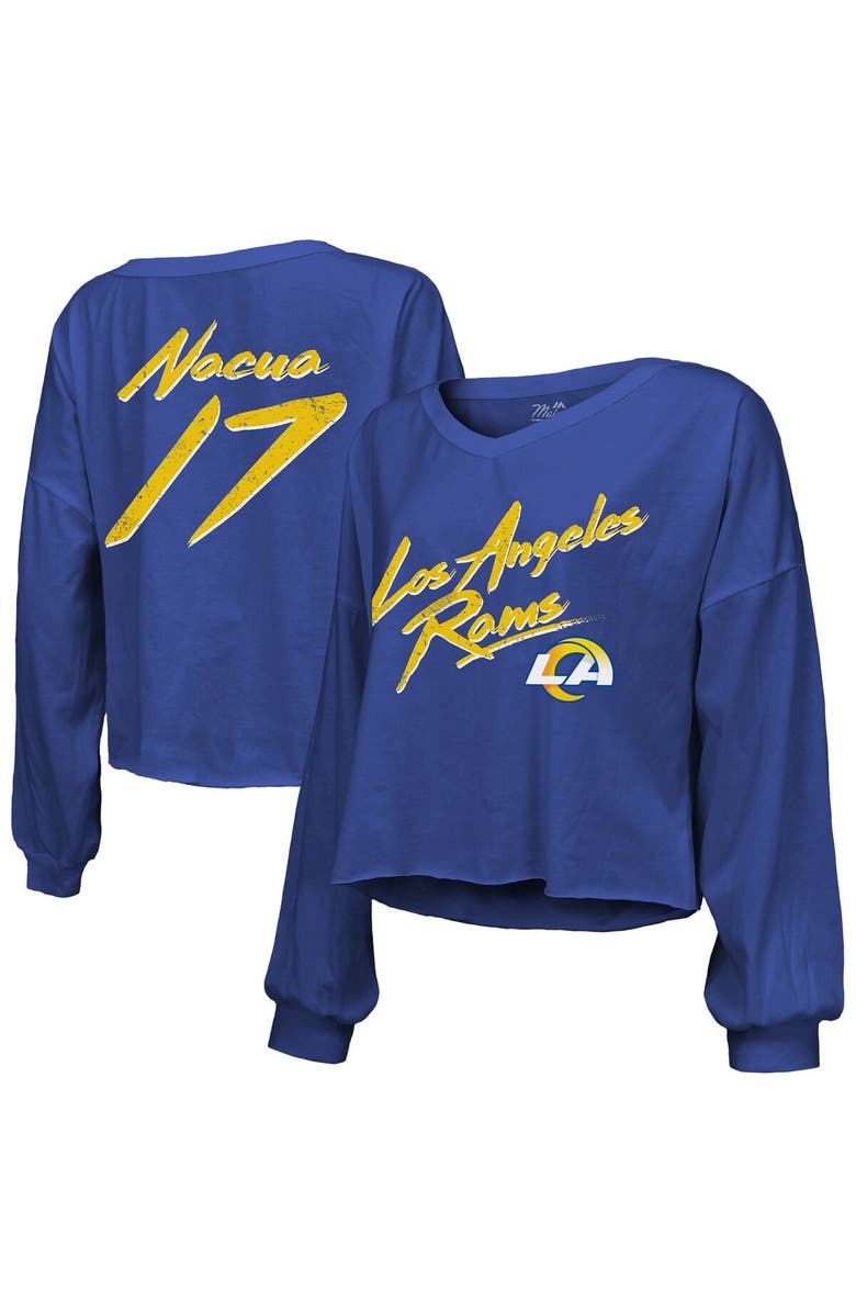 Majestic Threads Women's Majestic Threads Puka Nacua Royal Los Angeles Rams Off-Shoulder Script Player Name & Number Cropped Long Sleeve V-Neck T-Shirt, Main, color, Royal