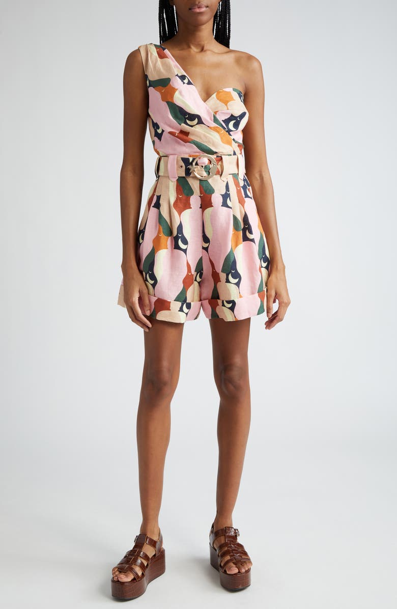 FARM Rio The Kiss Multicolor Print One-Shoulder Linen Romper, Main, color, 