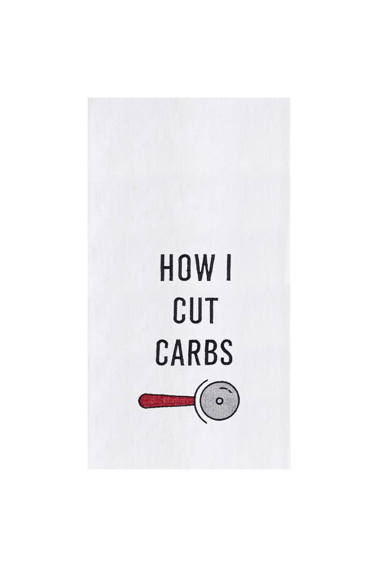 Cut Carbs Pizza Fun Phrases Kitchen Embroidered Hand Towel, Main, color, Black