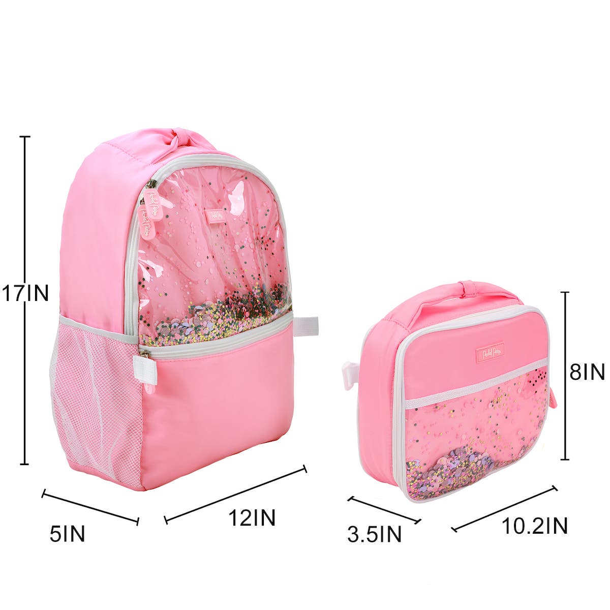 Pink Confetti Filled Pink 17" Adult Backpack With Matching Insulated Lunchbox, Alternate, color, Packed Party Silver Confetti