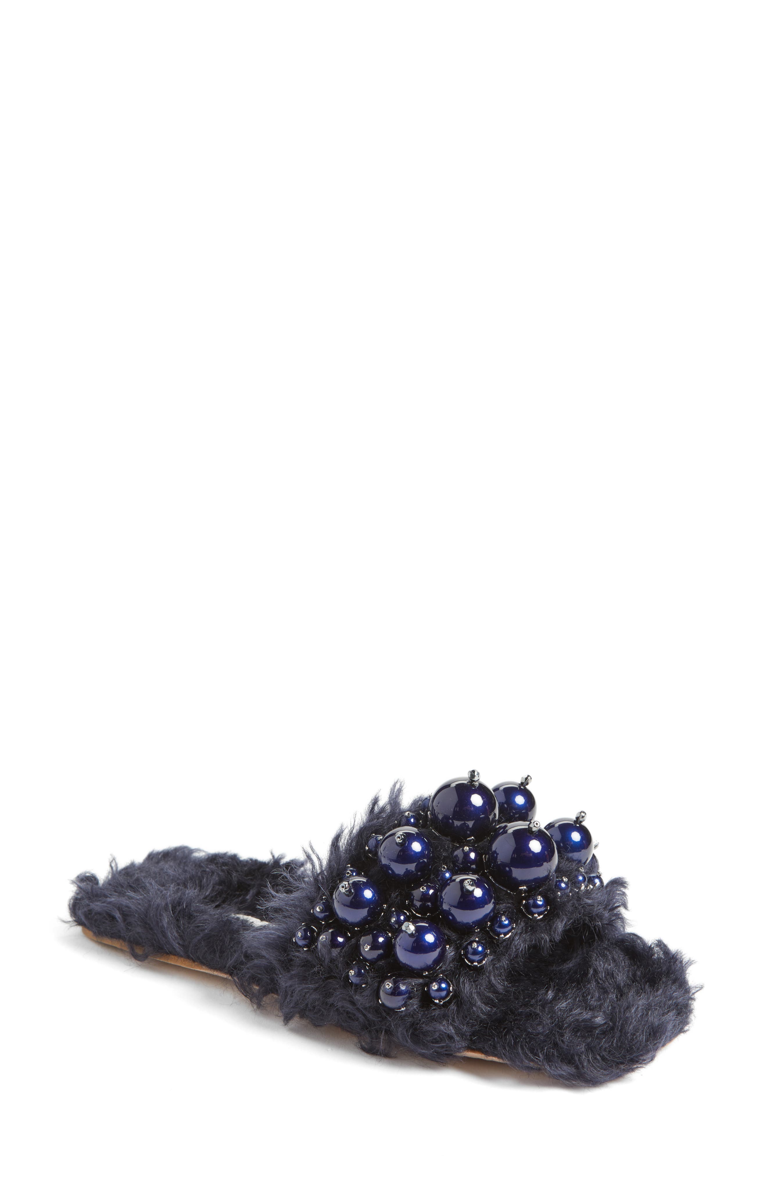 Miu Miu Embellished Faux Fur Slipper, Main, color, 