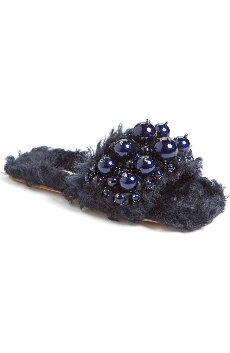 Miu Miu Embellished Faux Fur Slipper, Main, color,