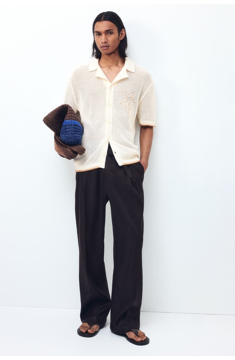 H&M Relaxed Fit Hole-knit Resort Shirt, Alternate, color, Cream/Palm Tree