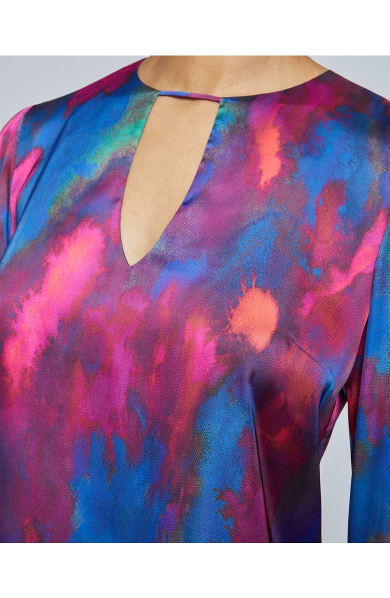 Santorelli NOA Long Sleeve Keyhole Blouse in Abstract Printed Charmeuse, Alternate, color, Magenta Multi