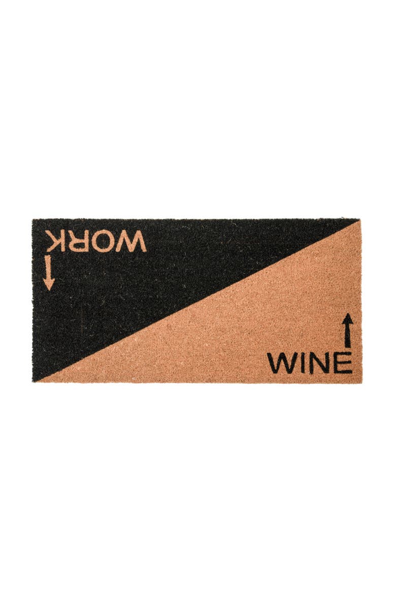 Printed 2-Tone Coir Doormat with "Work" and "Wine" Message and PVC Back, Natural and Black, Alternate, color, Multicolor