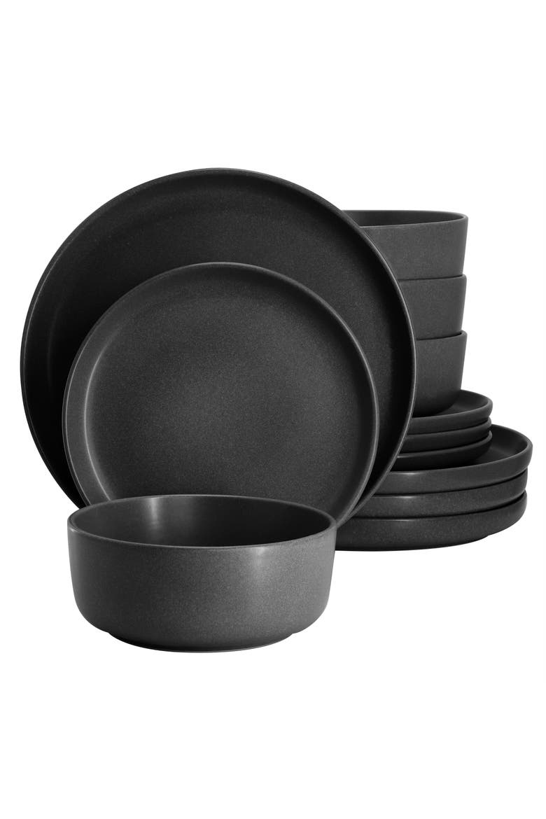 Bryant Park 12 Piece Reactive Stoneware Dinnerware Set, Main, color, Black