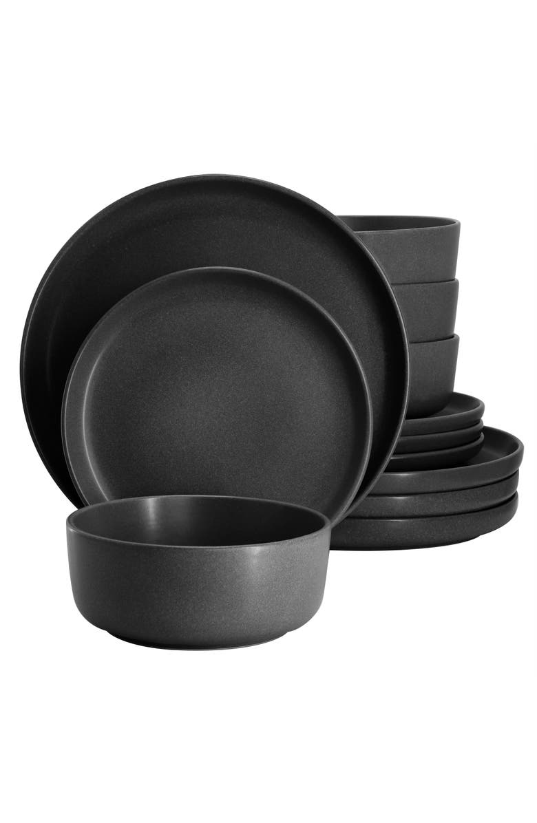 Soho Lounge Bryant Park 12 Piece Reactive Stoneware Dinnerware Set, Main, color, Black