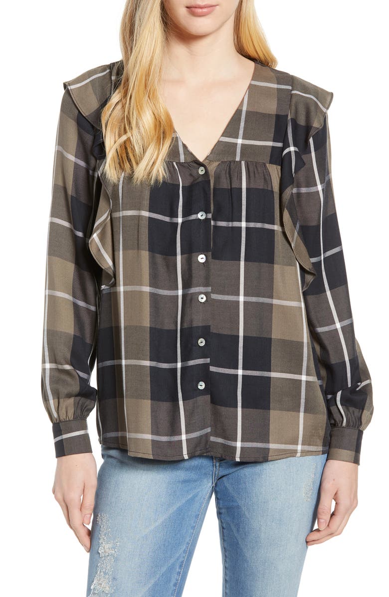 Bobeau Ruffled Plaid Shirt, Main, color, 