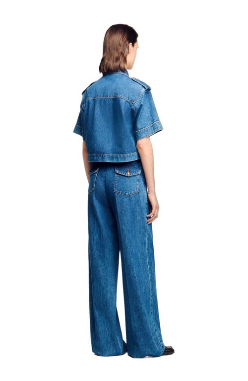 Sandro Cropped Denim Shirt In Blue