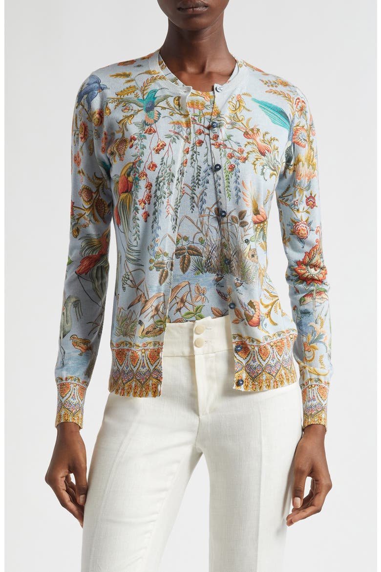 Flora & Fauna Silk & Cashmere Cardigan, Main, color, MULTICOLOUR ON PALE BLUE BASE