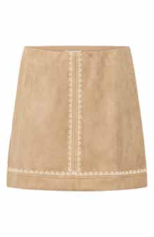 ICHI Embroidered Faux Suede Skirt