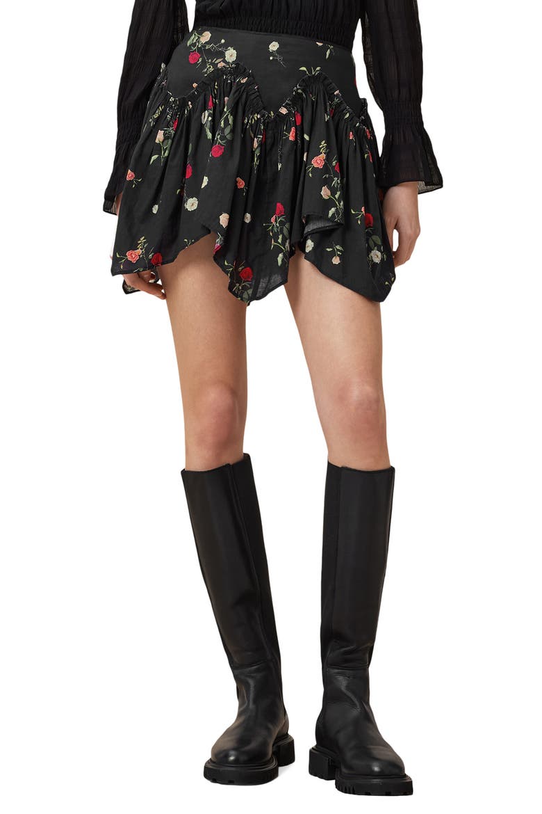 Delilah Floral Cotton Asymmetric Miniskirt, Main, color, BRIAR BLACK