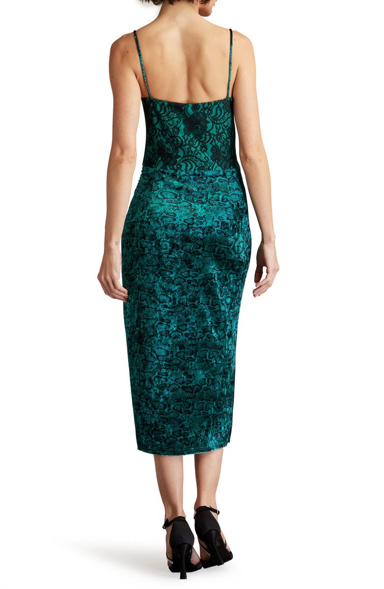 SHO by Tadashi Shoji Snakeskin Print Ruched Midi Cocktail Dress, Alternate, color, Emerald/ Black