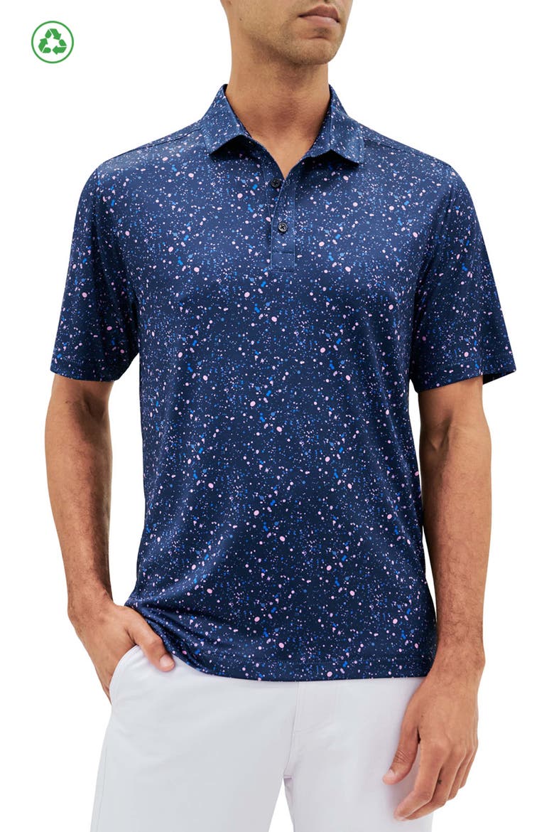 Regular Fit Paint Splatter Print Recycled Performance Golf Polo, Main, color, NAVY