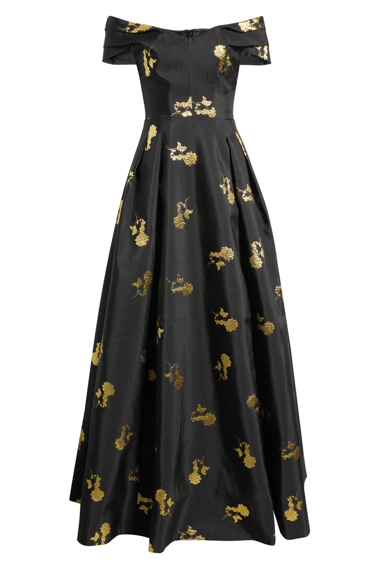 Mariya Metallic Rose Jacquard Off the Shoulder Gown, Main, color, BLACK/ GOLD
