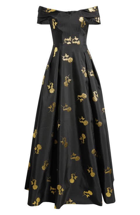 Mariya Metallic Rose Jacquard Off the Shoulder Gown
