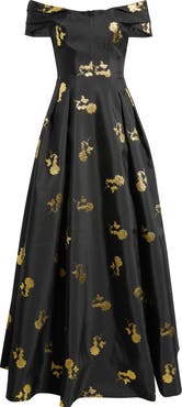 Rebecca Vallance Mariya Metallic Rose Jacquard Off the Shoulder Gown