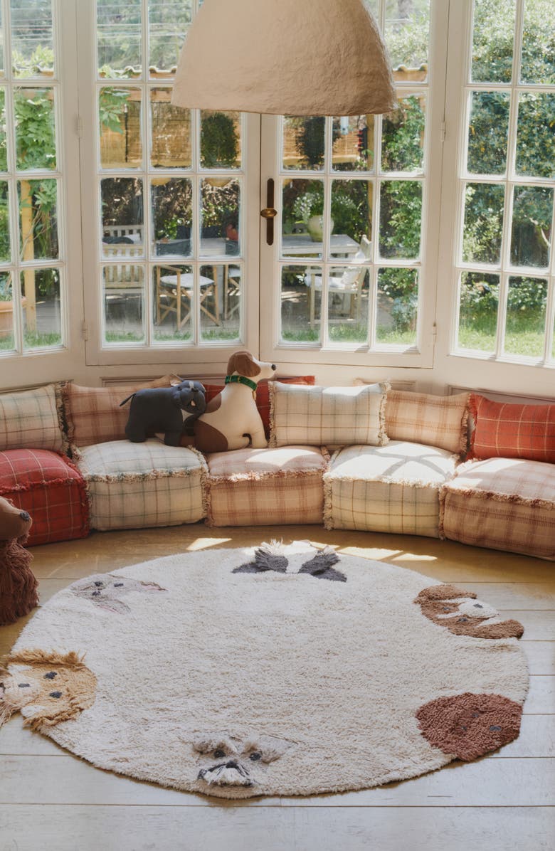 Lorena Canals Tartan Fringe Trim Pouf, Alternate, color, Blue Sage Natural