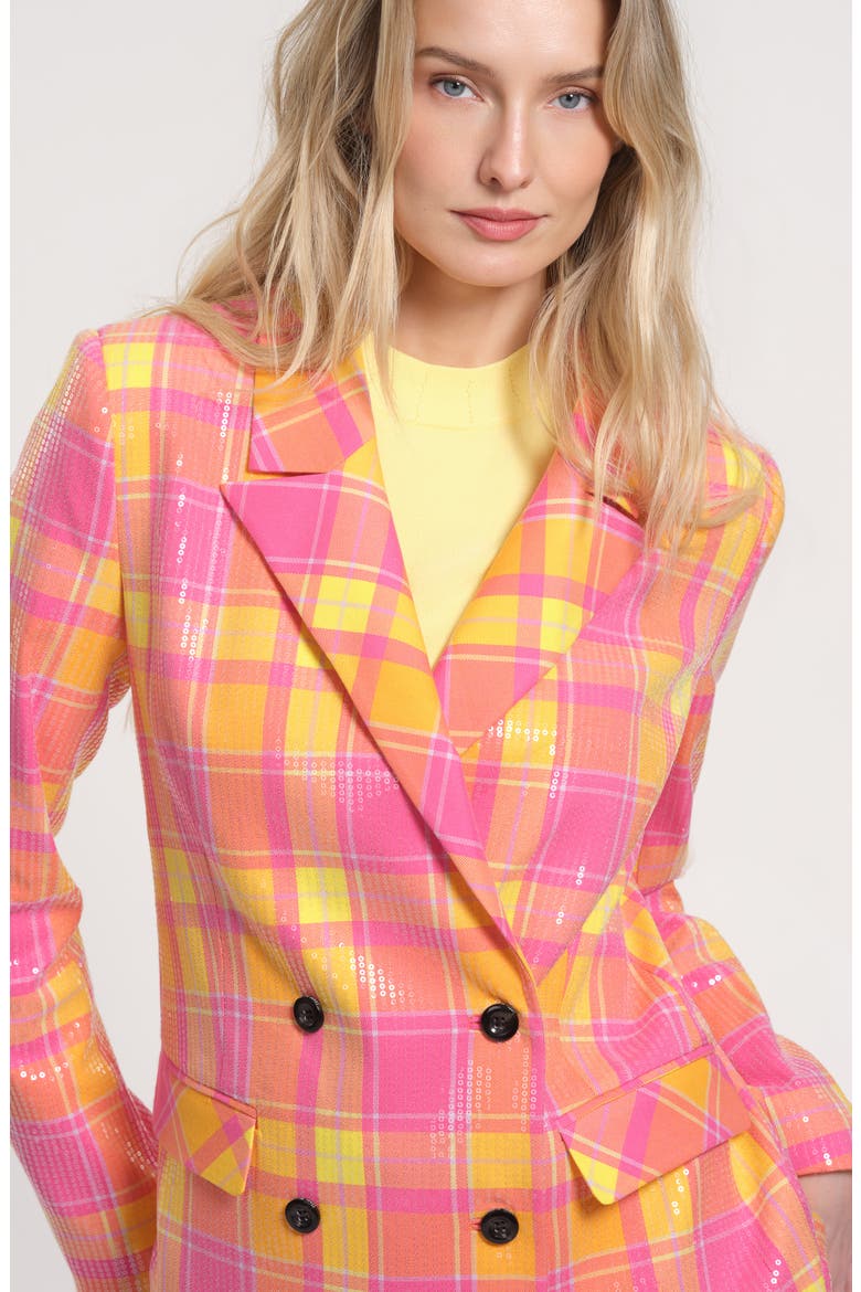 Sequin Plaid Double Breasted Blazer, Alternate, color, PINK MULTI