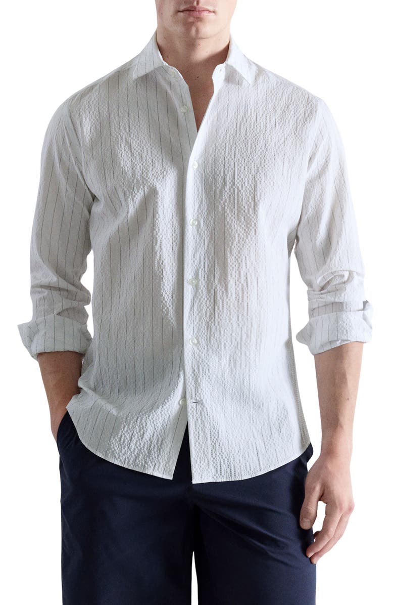 MANGO Textured Pinstripe Button-Up Shirt, Main, color, White