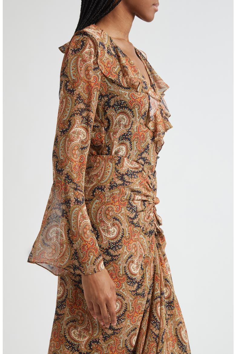 Kyrie Ruffle Bell Sleeve Silk Button-Up Shirt, Alternate, color, NAVY MULTI