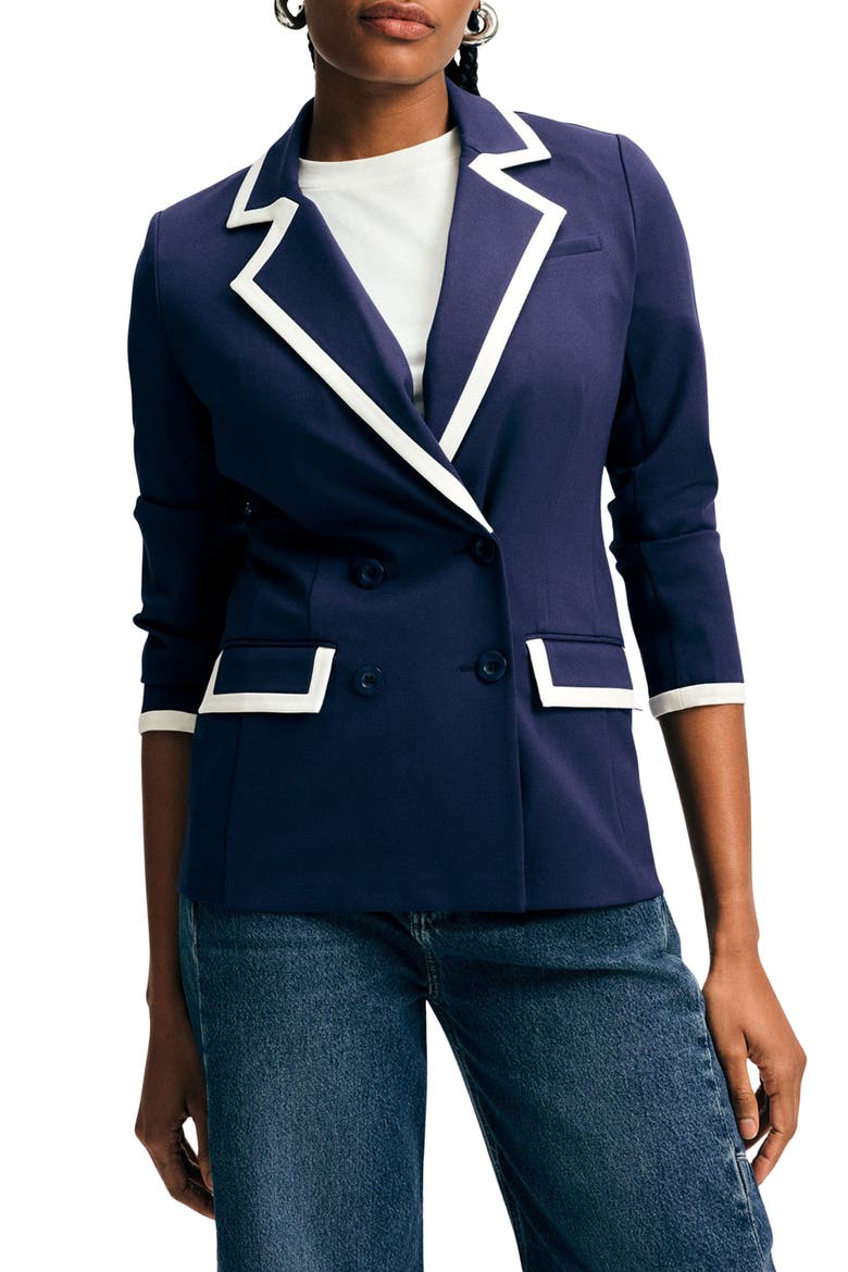 Ponte Knit Double Breasted Blazer, Main, color, NAVY/ WHITE