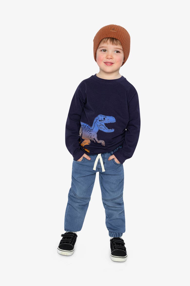Long Sleeve Organic Cotton Dino Crew Neck T-Shirt, Alternate, color, Dark Blue and Orange
