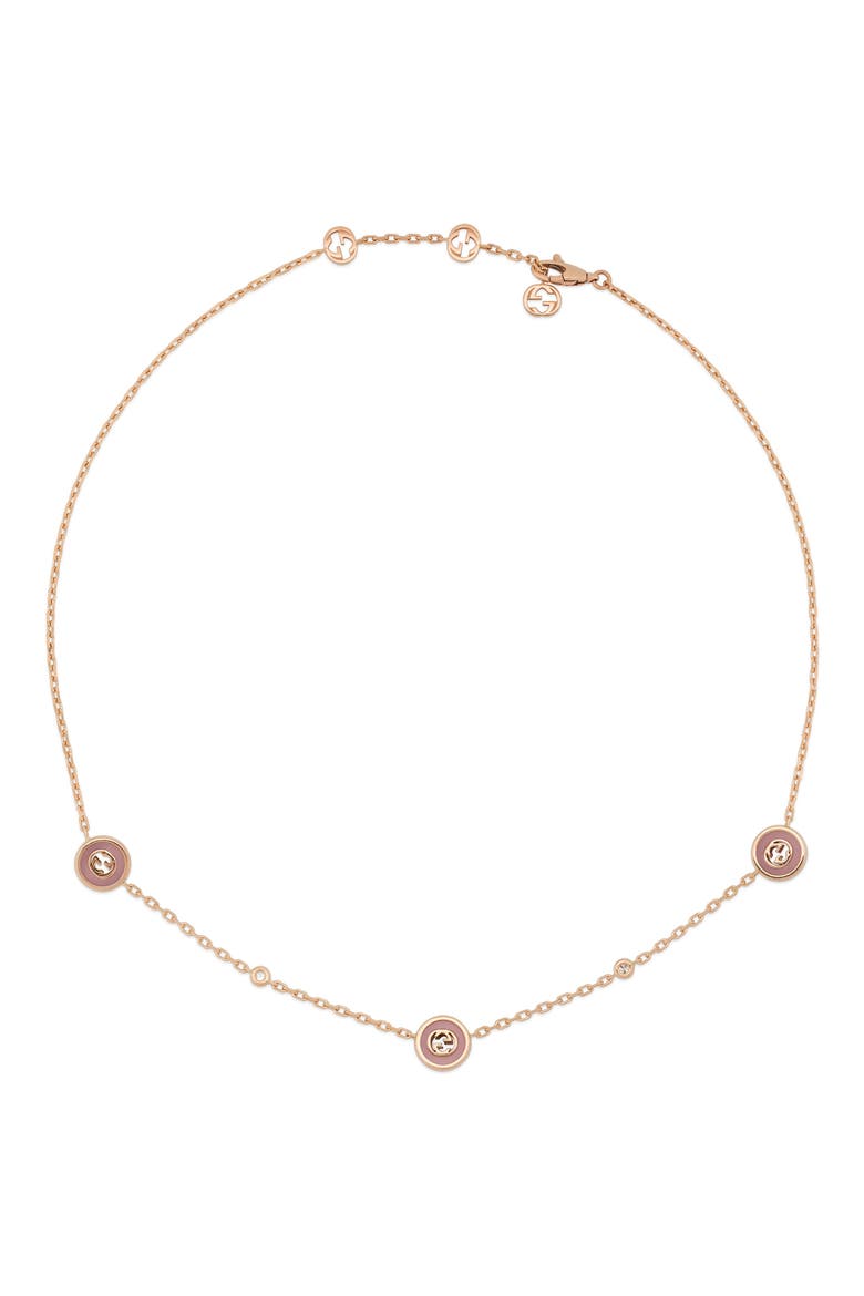 Interlocking-G Diamond & Pink Opal Station Necklace, Alternate, color, PINK/ ROSE GOLD