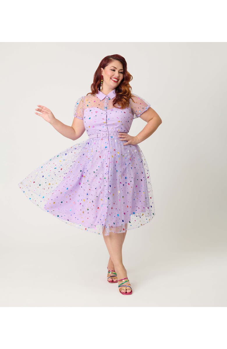 Unique Vintage Plus Size 1950s Short Sleeve Collared Hollie Swing Dress, Main, color, Purple Heart Confetti