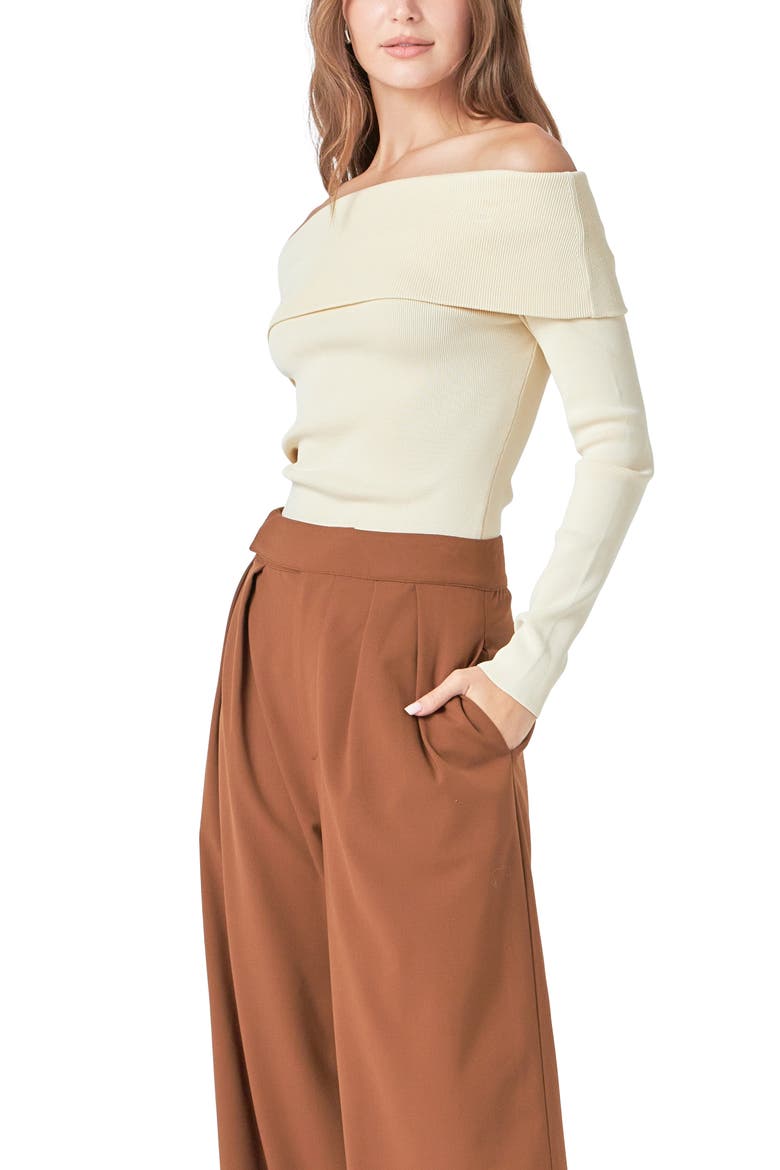 Folded Off the Shoulder Rib Top, Alternate, color, BEIGE