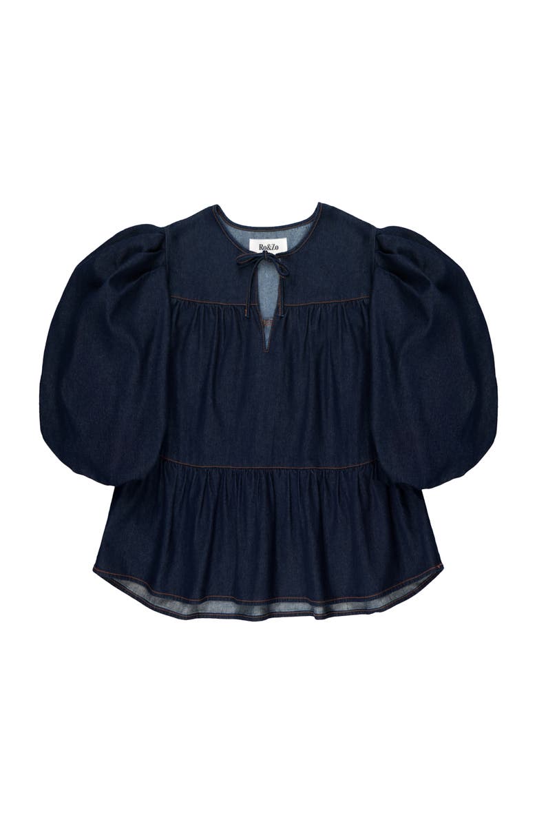 Ro&Zo Denim Puff Sleeve Tie Neck Top, Alternate, color, Blue