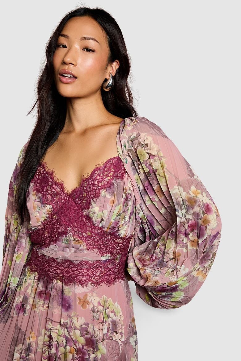 Pleated Lace Trim Midaxi Dress, Alternate, color, Pink