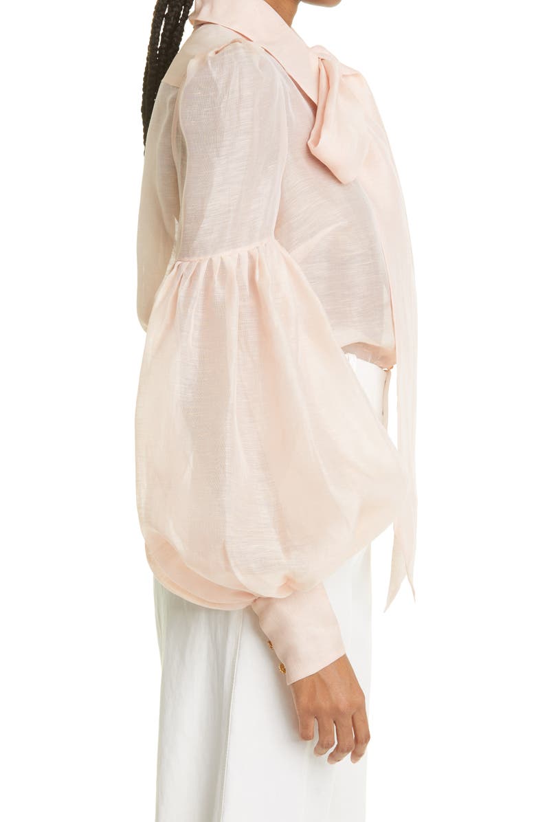 Zimmermann Dancer Tie Neck Linen & Silk Organza Blouse, Alternate, color,
