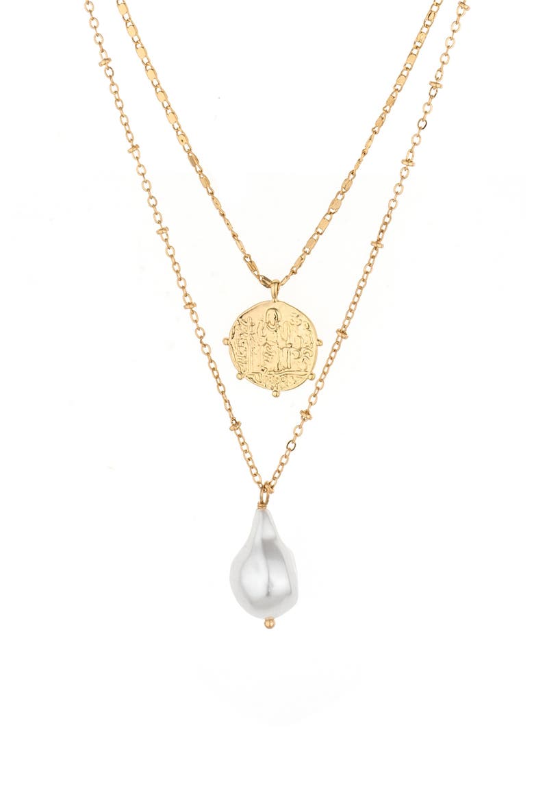 Cultured Freshwater Pearl & Coin Charm Layered Necklace, Main, color, GOLD