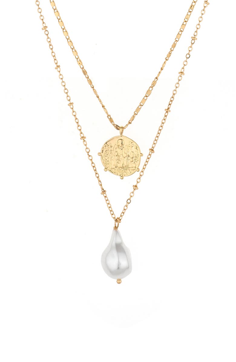 Ettika Cultured Freshwater Pearl & Coin Charm Layered Necklace, Main, color, Gold