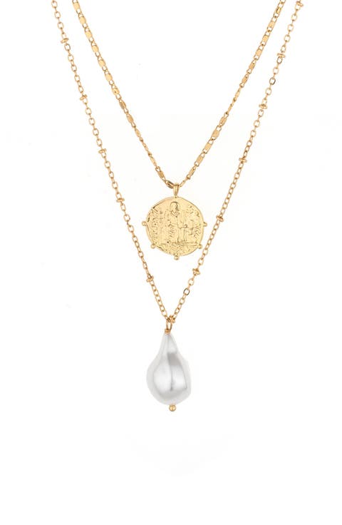 Cultured Freshwater Pearl & Coin Charm Layered Necklace