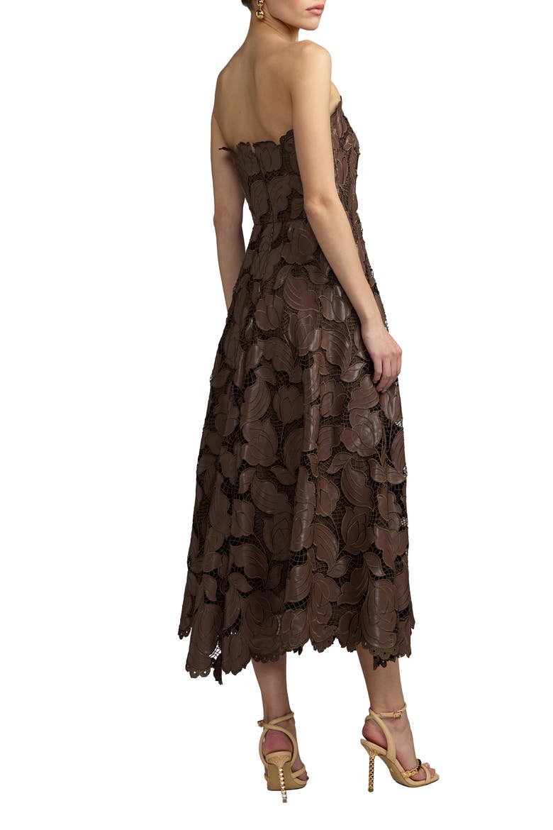Strapless Floral Leather A-Line Midi Dress, Alternate, color, Chocolate
